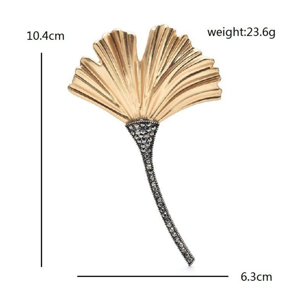 Vintage Style Gold Ginkgo Leaf Brooch Pin Dark Black Crystal Long Stem - Picture 2 of 3